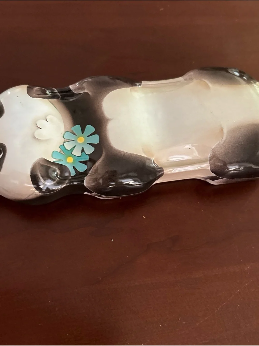 Vintage Panda Bear Hinged Trinket Box Blue Flower Figural Keepsake Jewelry Box